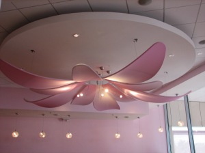 The gigantic pink flower light fixture upstairs in the Bistro.