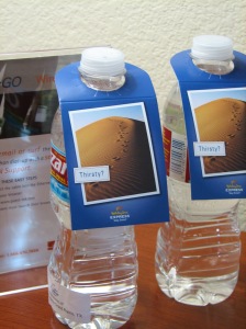 Twin bottles of complimentary Ozarka with pictures of a hot, sandy desert attached.  If I wasn't thirsty before, I am now.